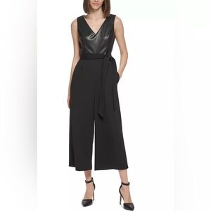 Calvin Klein Women's Faux-Leather-Top Belted Jumpsuit Size 2